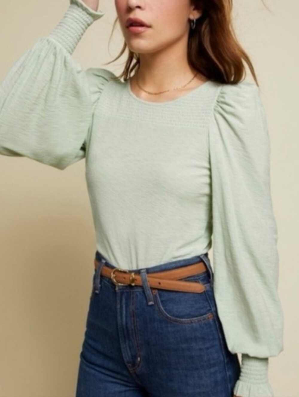 Nation ltd. pistachio green smocked Abigail top size M